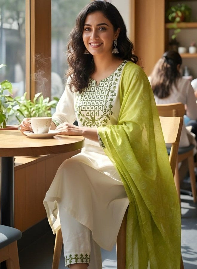 Women Basket HERE&NOW Women Ethnic Motifs Embroidered Regular Thread Work Pure Cotton Kurta with Trousers & With Dupatta - Image 2